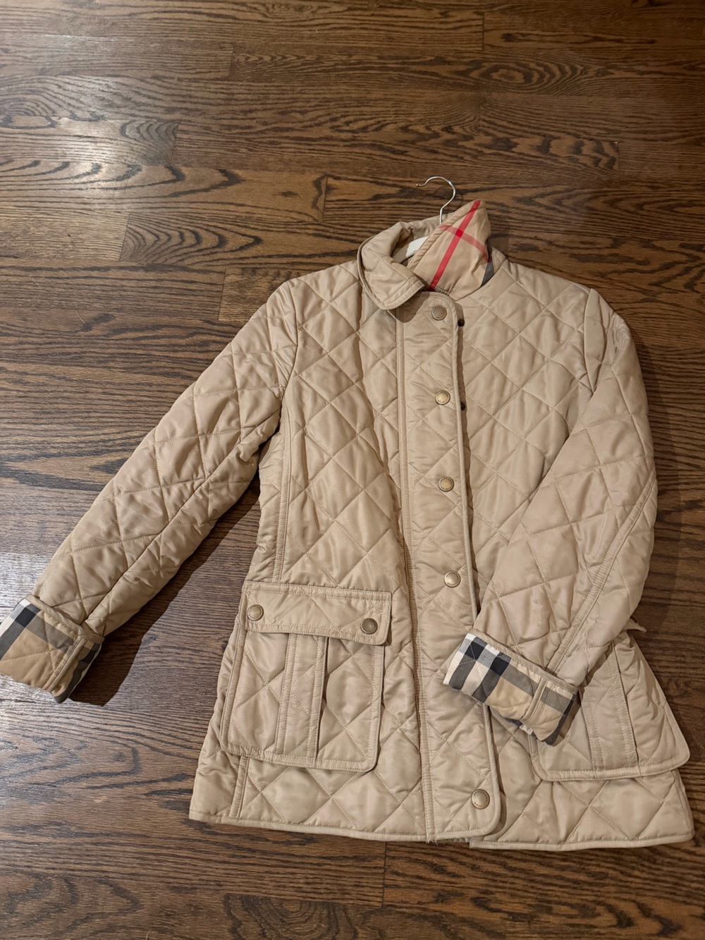 Burberry Beige Quilted Trench Coat with Signature Plaid Trim